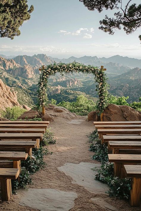 29 Boho Wedding Arch Ideas to Create a Dreamy Backdrop 7 Mountain Background Wedding, Outdoor Mountain Wedding Ceremony, Mountain Backdrop Wedding, Mountain View Wedding Ceremony, Arbor For Wedding Ceremony, Wedding Alter Ideas Outdoor Diy, Simple Mountain Wedding, Small Mountain Wedding, Natural Wedding Theme