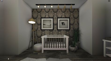 Bloxburg Homes, Bloxburg Building, Modern Baby Room, Blox Burg, Crib Design, Modern Family House, Tiny House Bedroom, Hotel Ideas, Decals Codes