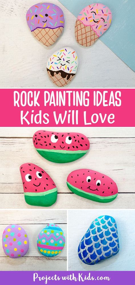 Rock painting for kids is always a fun activity! Click to find awesome rock painting ideas kids of all ages will love to make! Rock Painting Elementary School, Rock Painting How To, Outdoor Rock Painting, Summer Painting Crafts For Kids, Preschool Rock Painting, Resin Rocks Diy, Painted Rock Designs Easy, Coloring Rocks Ideas, Pretty Rock Painting Ideas