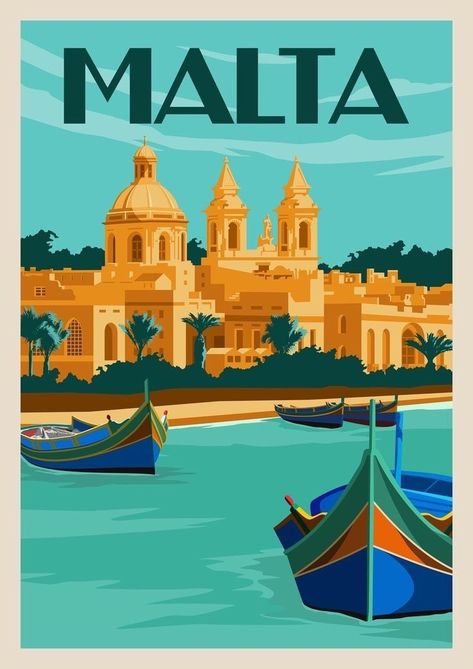 Malta Poster, Ukraine Travel, Malta Valletta, Malta Travel, Vintage Poster Design, Retro Travel Poster, Baroque Architecture, Travel Cards, Poster Printable