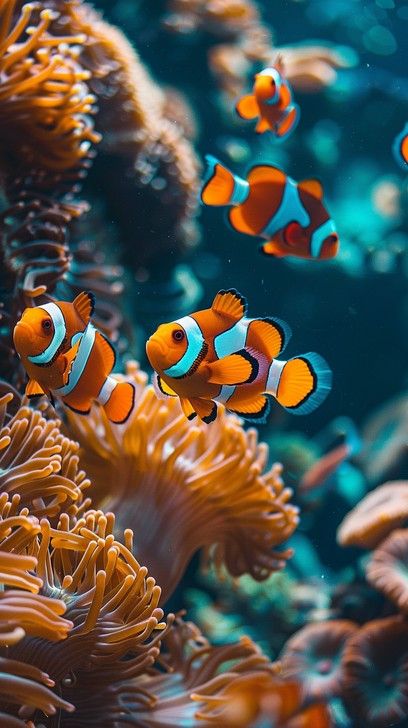 This captivating underwater photograph showcases a group of clownfish, affectionately known as 'Nemo', nestled among the flowing tentacles of a sea anemone. The symbiotic relationship between the clownfish and their host anemone is highlighted by the vivid colors and dynamic environment. The orange and white patterns of the clownfish contrast strikingly against the deep blues and greens of their marine surroundings, creating a mesmerizing display of nature's beauty and complexity. Clown Fish And Anemone, Clown Fish Photography, Orange Ocean Aesthetic, The Symbiotic Relationship Between, Fish Quilt, Ocean Underwater, Underwater Scene, Sea Anemone, Writing Motivation