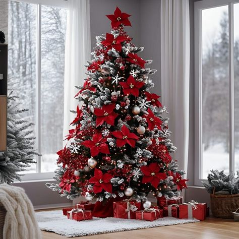 20 Red Christmas Trees Making A Striking Statement This Holiday Season Artistic Tree, Frosted Christmas Tree, Snowy Christmas Tree, Red Christmas Tree, Silver Ornaments, Christmas Swags, White Christmas Tree, Christmas Tree Decor, Christmas Settings