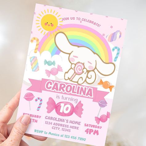 Cinnamoroll Birthday Invitation Cinnamoroll Birthday Invitation, Cinnamoroll Birthday Party, Cinnamoroll Birthday, Cinnamoroll Design, Hello Kitty Birthday Theme, Hello Kitty Theme Party, Pastel Skies, Kawaii Cinnamoroll, Bday Invitations