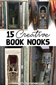 Hollowed Out Book Ideas, Bookshelf Mini Worlds, Book Nook Templates, Book Diarama Ideas, Book Nook Diy Ideas, Halloween Book Nook, Diorama Art Miniatures, Diy Booknook Ideas, Book Nooks Ideas