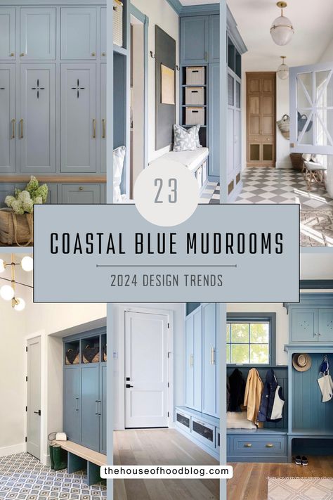 Are you designing or planning a mudroom renovation or install? Check out this post for our favorite coastal blue inspired mudroom ideas and designs! These are all super functional and beautiful! Blue Grey Mudroom Cabinets, Mud Room Blue, Color Drenched Mudroom, Painted Mudroom Built Ins, Coastal Cabinet Colors, Mudroom Drop Zone Ideas, Mudroom Hardware, Coastal Mudroom Ideas, Wallpaper Laundry Room Ideas