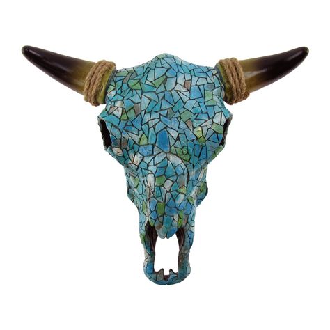 Skulls With Horns, Skull Mosaic, Painted Cow Skulls, Head Skeleton, Cow Skull Art, Turquoise Tile, Skull Wall Decor, Cow Skulls, Steer Head