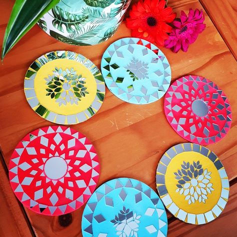 Can be used as coasters or magnets or just display on the walls! Handmade on 4"wooden base. Available at⤵️ https://www.instagram.com/mairi_design_studio/ Mosaic Coasters Diy, Coasters Design, Mirror Coasters, Painted Mirror Art, Mosaic Art Diy, Diy Diwali Decorations, Coaster Art, Mandala Art Therapy, Mirror Crafts