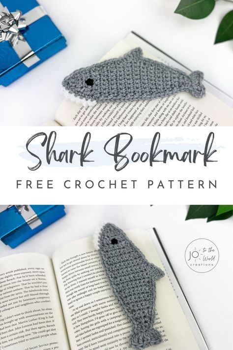 Shark Bookmark - Free Crochet Pattern | Jo to the World Creations Crochet Shark Bookmark Free, Crochet Shark Applique Pattern Free, Crochet Fish Bookmark, Crochet Dinosaur Bookmark, Crochet Animal Bookmarks Free Pattern, How To Crochet A Shark, Free Crochet Pattern Bookmark, Hammerhead Shark Crochet Pattern Free, Acrylic Yarn Crochet Projects Free Pattern