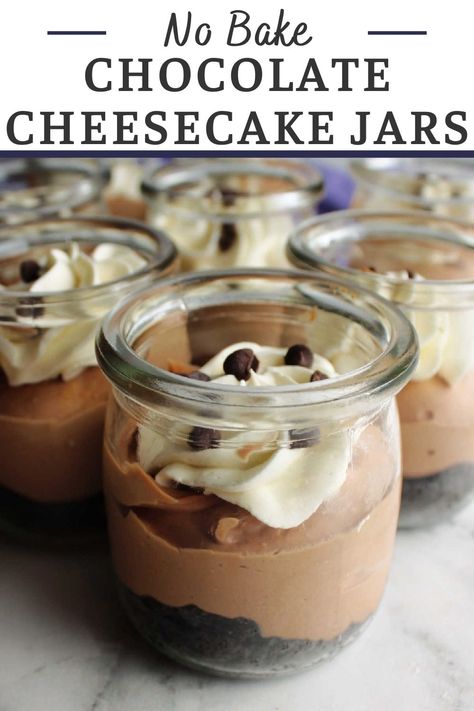 Smooth creamy no bake chocolate cheesecake jars are perfect single serve desserts for parties and picnics. They are easy to make and don't heat up the kitchen. Chocolate Dessert In A Jar, Thanksgiving Mason Jar Desserts, Chocolate Bridal Shower Desserts, Chocolate Mason Jar Desserts, Mini Jar Desserts Ideas, Jar Cheesecake Recipes, Dessert Jars Ideas Easy, Cheesecake In A Jar No Bake, Chocolate Cheesecake No Bake