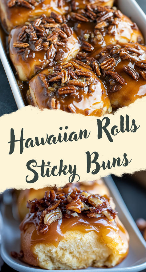 A close-up of gooey sticky buns made from Hawaiian rolls, covered in caramel sauce and topped with chopped pecans. Kings Hawaiian Sweet Rolls, Easy Sticky Buns Recipes, Hawaiian Rolls Cinnamon Buns, Hawaiian Roll Monkey Bread, Sticky Bun Cake, Sweet Rolls Recipe Sticky Buns, Hawaiian Rolls Dessert, Dinner Recipes Using Hawaiian Sweet Rolls, Hawaiian Roll Sticky Buns