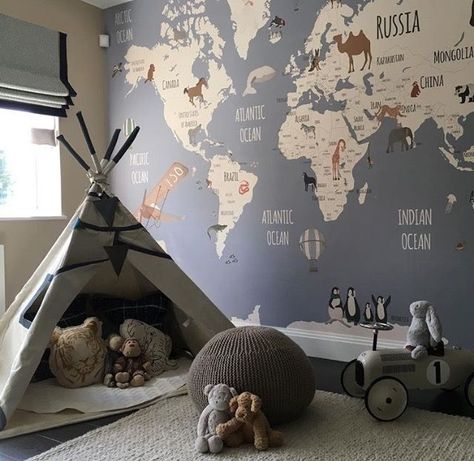 kid's bedroom - accent wall of map of the world Adventure Theme Nursery, Boys Playroom, Kids Playroom Decor, Kids' Playroom, Childrens Playroom, Toddler Bedrooms, Boy Bedroom, Big Boy Room, Baby Bedroom