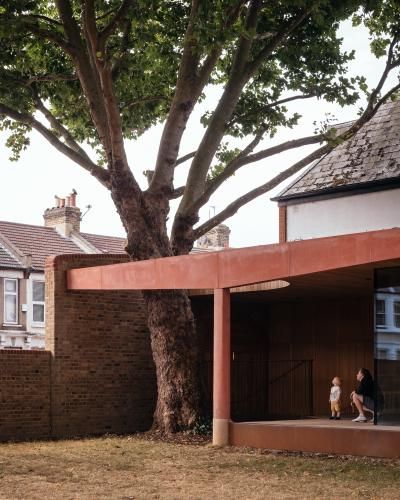 Studio Weave, Jim Stephenson · Lea Bridge Library Pavilion · Divisare Library Pavilion, Precast Concrete Panels, Studio Weave, Laminated Veneer Lumber, Timber Battens, Public Toilet, Pavilion Architecture, Paved Patio, Cultural Centre