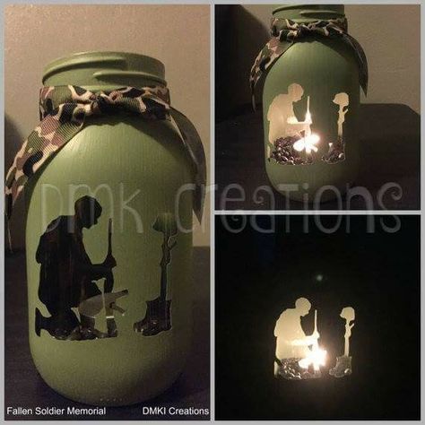 Candle Light Memorial, Fallen Soldier Memorial, Military Diy, Mason Jar Tea, Mason Jar Tea Lights, Soldier Memorial, Military Crafts, Army Crafts, Mason Jar Luminaries