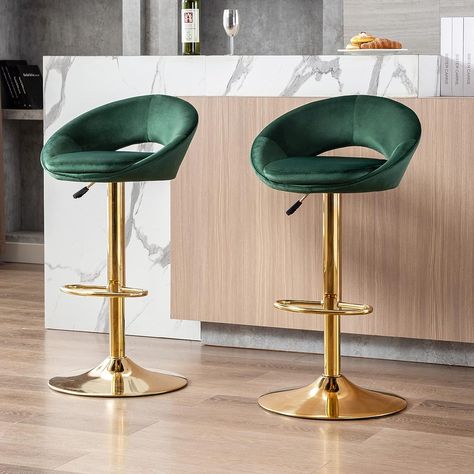 Wahson Set of 2 Bar Stools Velvet Counter Chairs with Backrest Breakfast Bar Stools for Kitchen Island, Swivel Bar Chairs High Stools Height Adjustable, Green Bar Stools With Arms, Kitchen Breakfast Bar Stools, Velvet Bar Stools, Island Chairs, Island Stools, Breakfast Bar Stools, Comfortable Kitchen, Ideal Kitchen, Stools For Kitchen Island