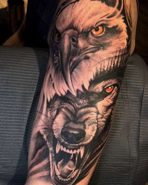 Eagle And Wolf Tattoo, Eagle And Wolf, Forest Forearm Tattoo, Animal Tattoos For Men, Gladiator Tattoo, Wolf Tattoos Men, Animal Sleeve Tattoo, Lion Tattoo Sleeves, Wolf Tattoo Sleeve