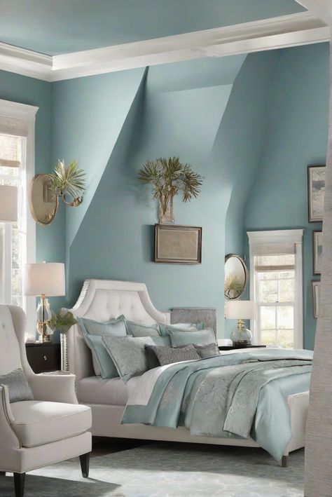 Creating Dreamy & Glamorous Girly Apartment: Romantic Retreat 2024 - upgradesign.blog Greenish Blue Living Room Walls, Soft Teal Paint Color, Blue Green Room, Light Teal Bedroom, Blue Feature Wall Living Room, Blue Green Rooms, Green Paint Colors Bedroom, Colorful Living Room Bright, Renovation Living Room