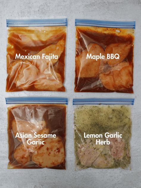 4 freezer chicken marinades: Mexican fajita, maple barbecue, Asian sesame garlic, and lemon garlic herb. Asian Chicken Marinade Recipes, Dinners With Cornbread, Fajita Chicken Marinade, Asian Chicken Marinade, Garlic Chicken Marinade, Mexican Fajitas, Mexican Chicken And Rice, Garlic Herb Chicken, Group Food