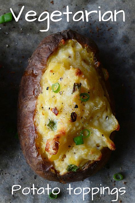 There's more available to a vegetarian for their potatoes than just cheese and beans. In fact, a whole host of delicious toppings are out there that work perfectly atop a baked potato.  Here are 14 to whet your appetite. Baked Potato Vegetarian Toppings, Baked Potato Fillings Vegetarian, Dairy Free Baked Potato Toppings, Vegan Baked Potato Recipes, Vegan Baked Potato Toppings, Baked Potato Vegetarian, Toppings For Baked Potatoes, Vegetarian Baked Potato, Baked Potato Fillings