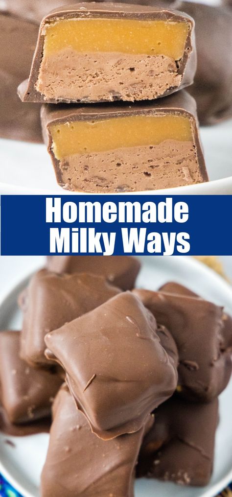 Homemade Milky Ways - make the classic Milky Way candy at home with just 5 ingredients! No baking required, so they are ready in no time. Healthy Milky Way Candy Bars, Chocolate Nougat Recipe, Homemade Candy Canes Recipe, Milky Way Recipes, Home Made Candies, Homemade Milky Way, Make Candy, Milky Way Bars, Homemade Candy Recipes