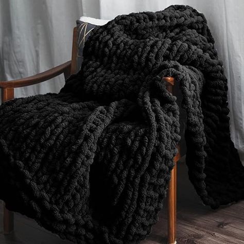 Adyrescia Chunky Knit Blanket Throw | 100% Hand Knit with Jumbo Chenille Yarn (50"x60", Raven Black) Black Throws, Chenille Yarn, Blanket Black, Chunky Knit Blanket, Knit Blanket, Blanket Throw, Knitted Blankets, Black Knit, Chunky Knit