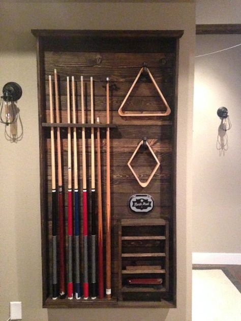 Pool Stick Holder Ideas Wall Racks, Diy Pool Cue Rack, Pool Table Stick Holder, Diy Pool Table Light, Niche In Wall, Pool Stick Holder, Pool Room Ideas, Diy Pool Table, Game Room Ideas