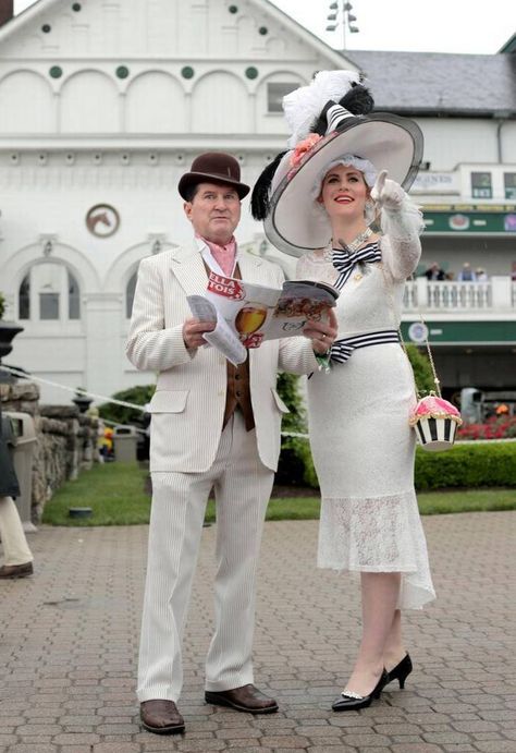 Jeff and Carrie Ketterman wore a My Fair Lady inspired outfits at Churchill Downs Saturday, May 6, 2017 in Louisville. My Fair Lady Inspired Outfit, Churchill Downs Outfit, Vintage Kentucky Derby Festival Hats, My Fair Lady Ascot, Kentucky Derby Celebrities Fashion, Kentucky Derby Sun Hat For Western-themed Events, Derby Wife, Ascot Outfits, Derby Outfits