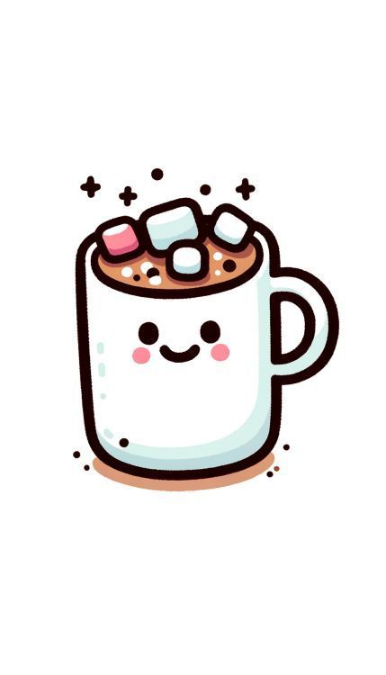 Draw a classic hot chocolate mug with a broad, smiling face on the front. Fill the mug with rich, dark hot chocolate, and add a generous amount of colorful marshmallows on top. Make sure the mug has a simple handle on the side, and outline the drawing with a thick, clear line for a whimsical touch. Cartoon Hot Chocolate, Cute Hot Chocolate Drawing, Chocolate Drawing Aesthetic, Cute Mug Drawing, Hot Chocolate Doodle, How To Draw A Coffee Cup, Hot Cocoa Drawing, Hot Chocolate Cartoon, Hot Cocoa Aesthetic