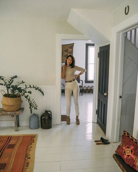 White Floors Living Room, Lisa Przystup, White Painted Floors, White Floorboards, Painted Floorboards, Sherwin Williams Extra White, Painted Door, The Catskills, Painted Floor