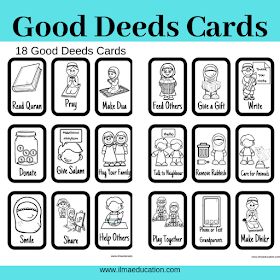 Good Deeds Cards Black and White Madrassah Activities, Mochi Shop, Kids Experiments, Ramadan Ideas, Islamic Learning, Cards Black And White, Arabic Learning, Muslim Kids Activities, Ramadan Special