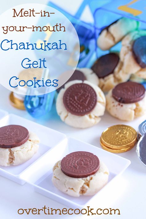 Melt-In-Your-Mouth Hanukkah Gelt Cookies - Overtime Cook Gelt Cookies, Hannukah Cookies, Hannukah Recipes, Hanukkah Desserts, Hanukkah Dinner, Jewish Holiday Recipes, Hanukkah Food, Kosher Recipes, Holiday Cookie Recipes