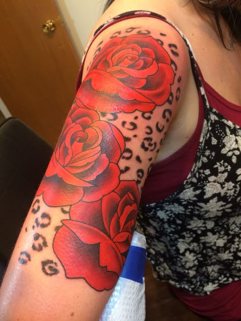 My Half sleeve of red roses and leopard print :) Leopard Print Tattoo Sleeve, Leopard Print Tattoo, Animal Print Tattoo, Cheetah Print Tattoos, Leopard Print Tattoos, Leopard Tattoos, Tattoo Time, Awesome Tattoos, Sleeve Tattoos For Women