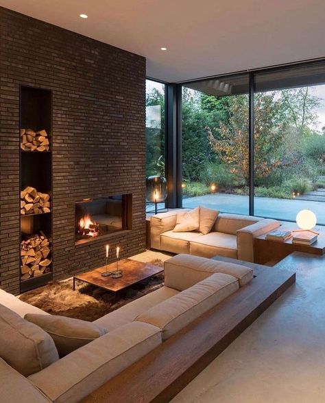 Annette Keeshan (@nettiek24) • Instagram photos and videos Sunken Living Room, Room With Fireplace, Built In Seating, Design Room, Dream House Interior, Living Room With Fireplace, Fireplace Design, A Living Room, House Inspo