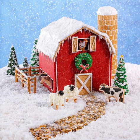 We came up with the "plans" for this Christmas gingerbread barn…then "stocked" it with farmyard friends. The country-as-can-be project will add a cheerful rustic touch to your holiday decor—and it's so easy to assemble, you can start raising the roof right away! —Taste of Home Test Kitchen Homemade Gingerbread House, Gingerbread House Ideas, Cool Gingerbread Houses, Gingerbread House Template, Gingerbread House Recipe, Gingerbread House Parties, Make A Gingerbread House, Gingerbread House Designs, Gingerbread House Decorations