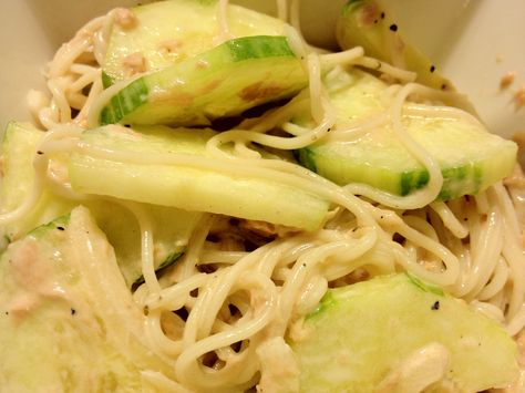 Japanese Somen Noodle Salad. Mayo, tuna, cucumbers. Japanese Noodle Salad Cold, Noodle Salad Cold, Char Siu Pork, Cold Noodles, Head Of Lettuce, Japanese Noodles, Char Siu, Noodle Salad, Food Out