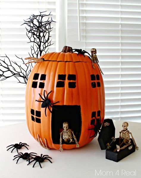 Halloween decorations : IDEAS & INSPIRATIONS  Pumpkin Decorating  Using Foam Pumpkins Funky Pumpkins, Halloween Wishlist, Pumpkin Diorama, Pumpkin Inspiration, Pumpkin Decorating Ideas, Pumpkin Decorating Contest, Fake Pumpkins, Pumpkin House, Skeleton Pumpkin