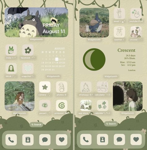 Homescreen Layout Studio Ghibli, Studio Ghibli Homescreen Layout, Ghibli Homescreen Layout, Studio Ghibli Iphone Layout, Spring Iphone Layout, Phone Inspiration Layout, Widget Design Ideas, Ghibli Phone Theme, Cool Phone Themes