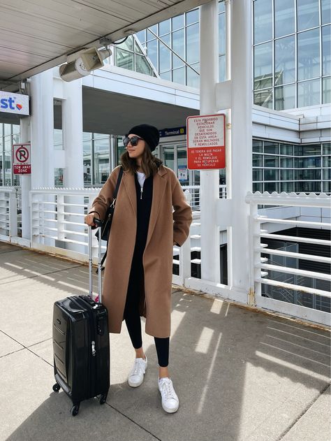 Trench Coat Airport Outfit, Winter Travel Long Coat, Brown Belted Wool Coat For Winter, Belted Brown Long Coat Outerwear, Brown Belted Long Coat, Traveling Style, Airport Outfit Winter, Matching Loungewear Set, Travel Outfits For Women