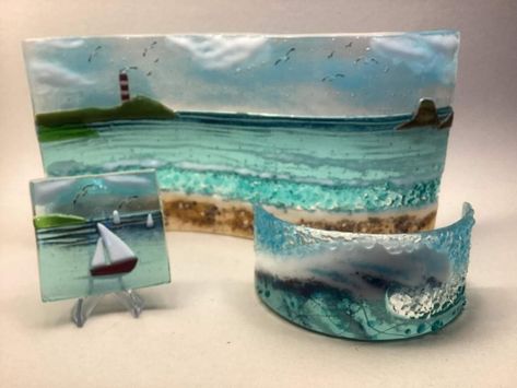 Fused Glass Sunset, Lake Garden, Garden Totem, Fused Glass Wall Art, Glass Fusion Ideas, Fused Glass Artwork, Glass Fusing Projects, Glass Artwork, Fused Glass Art