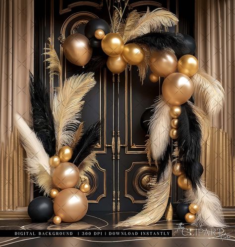 Elegant Black & Gold Digital Photography Backdrop Feathers and Pampas Digital Background Modern Photography Backdrop Birthday Anniversary - Etsy Black Brown Gold Background, Black Masquerade Party Ideas, Great Gatsby Party Backdrop, Luxe Birthday Party, Mascarade Party Ideas Decoration, Gatsby Backdrop Ideas, Gatsby Balloon Decor, 75 Birthday Decoration Ideas, Homecoming Background