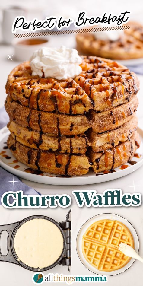 stack of four Churro Waffles served on a white round plate topped with whipped cream. steps to make Churro Waffles collage image. Cinnamon Bun Waffles, Cinnamon Waffles Recipe, Churro Waffles, Easy Waffle Recipe, Cinnamon Waffles, Waffle Iron Recipes, Dessert For Breakfast, Potato Waffles, Waffle Maker Recipes