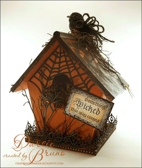 a Halloween birdhouse using @Spellbinders Spider Web and Romantic Rectangles with a sentiment from Quietfire Design Holiday Birdhouses, Halloween Birdhouse, Birdhouse Crafts, Halloween Cottage, Painted Birdhouses, Halloween Houses, Halloween Fairy Garden, Birdhouse Ornaments, Birdhouse Craft