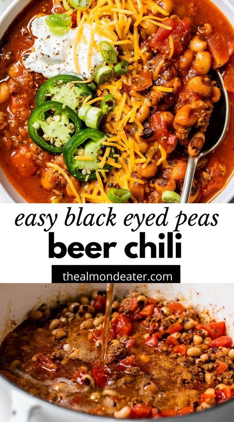 Blackeyed Pea Recipes, Beer Chili Recipe, Delicious Chili Recipe, Blackeyed Peas, Beer Chili, Black Eyed Peas Recipe, Pea Recipes, Soup And Stew, Black Eyed