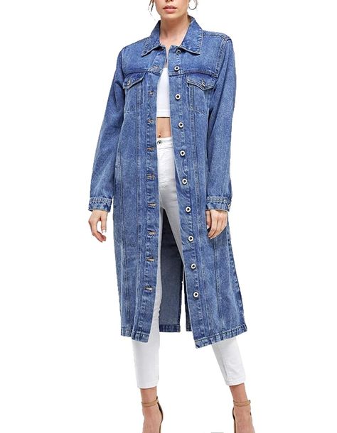 Long Denim Coat, Pea Coats Women, Long Sleeve Denim Jacket, Classic Denim Jacket, Jean Jacket Women, Cotton Coat, Denim Cotton, Denim Jacket Women, Winter Coats Women