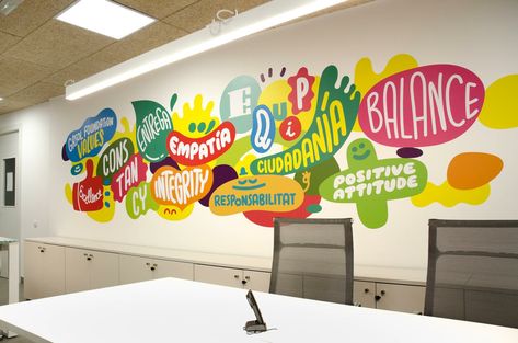 Office Wall Graphics, Studio Illustration, Office Graphics, Office Mural, School Wall Art, School Murals, School Interior, Youth Room, School Displays