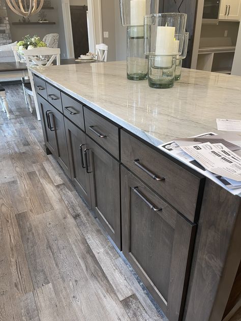 New Kitchen Dark Cabinets, Concrete Stain Kitchen Floor, Diamond Now Stowe Cabinets, Dark Cabinets With Wood Floors, Gray Floors With Brown Cabinets, Kitchen Designs With Dark Cabinets, Dark Grey Wood Kitchen Cabinets, Grey Floor Kitchen Dark Cabinets, Brown Cabinets Grey Floor