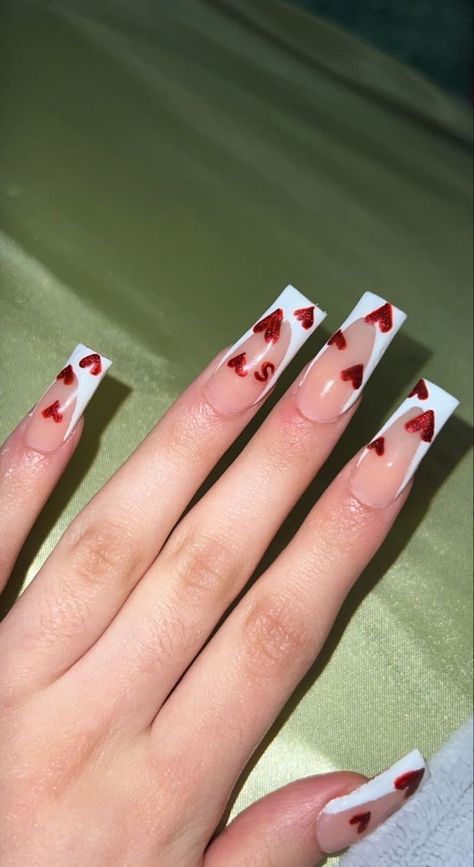 Valentines Nail Ideas With Initial, Nails With An S Initial, Valentines Initial Nails, Valentines Nails Initials, S Initial Nails, Initial Nails French Tip, S Initial On Nails, French Tip With Initial Nails, Cute Nails With Initials