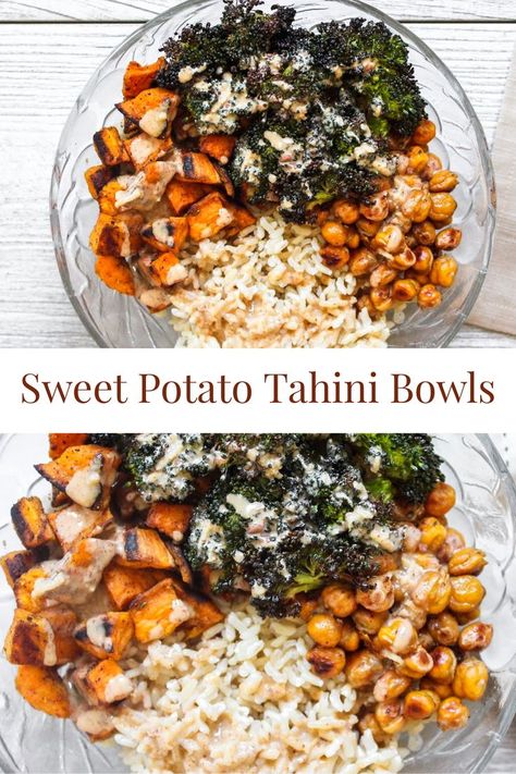 Sweet Potato Tahini, Sweet Potatoes Roasted, Broccoli Roasted, Bowls Healthy, Potatoes Roasted, Savory Rice, Crispy Chickpeas, Healthy Bowls, Broccoli Rice