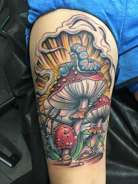 Trippy Alice In Wonderland Tattoo, Alice In Wonderland Mushroom Tattoo, Alice In Wonderland Caterpillar Tattoo, Dark Alice In Wonderland Tattoo Ideas, Alice In Wonderland Tattoo Sleeve, Caterpillar Tattoo, Mushroom Nails, Colorful Sleeve Tattoos, Alice In Wonderland Tattoo