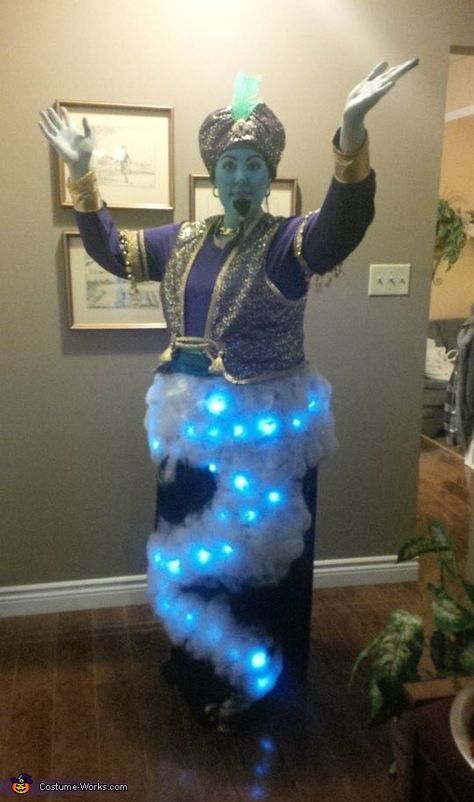 Kelly: I made this costume using a bag of Halloween spider webs and LED lights on a black skirt. I made all of the other elements as well. I fashioned the... Diy Genie Costume, Halloween Costume Contest Winners, Genie Costume, Costume Contest Winner, Aladdin Costume, 2015 Halloween Costumes, Hallowen Costume, Homemade Halloween Costumes, Halloween Spider Web