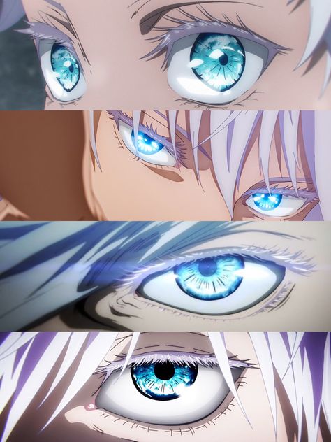 Gojo's eyes over the years 🩵 Jjk Eyes Manga, Gojo And The First Years, Anime Eyes Gojo, Jjk Gojo Eyes, Gojo Satoru Eyes Drawings, Gojo Eyes Wallpapers, Ayes Anime, Gojo Satoru Six Eyes, Gojo Eyes Drawing